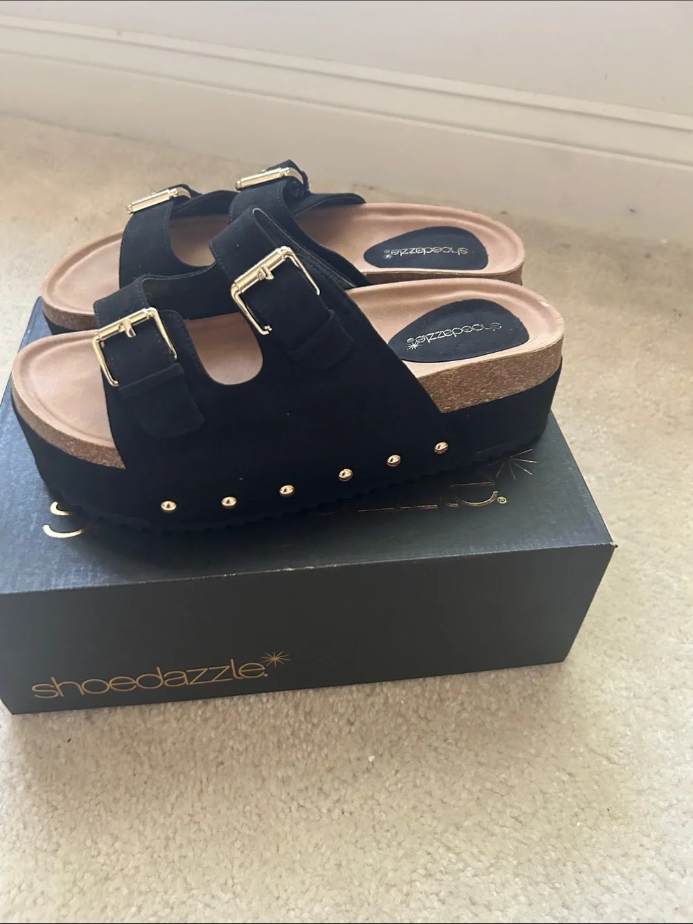 Shoe Dazzle Black Double Buckle Platform Sandals with Gold Hardware
